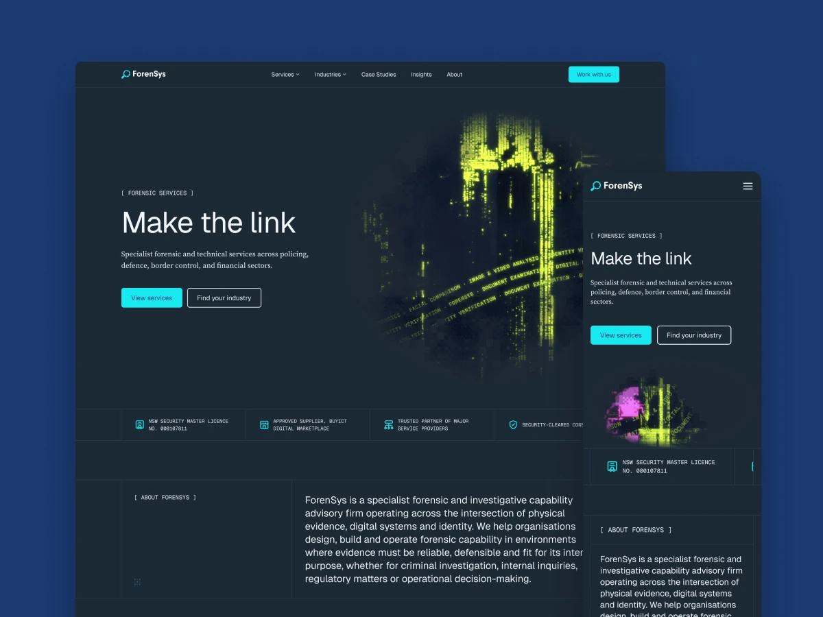 ForenSys homepage shown on desktop and mobile