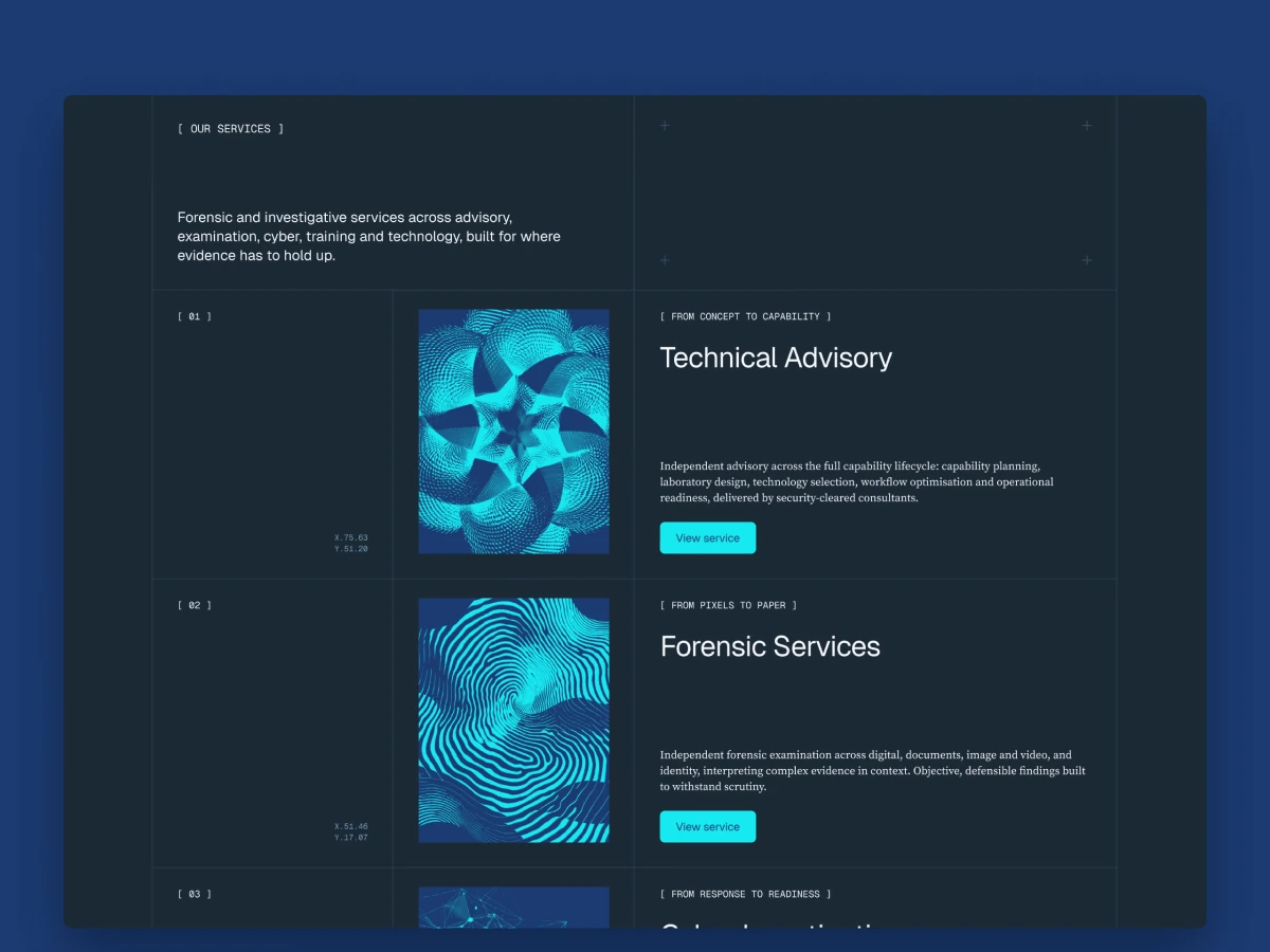 ForenSys homepage services section with guilloché illustrations and micrographic details