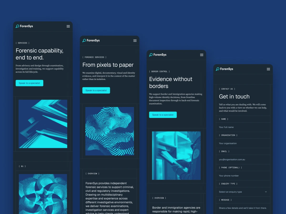 ForenSys service, industry and contact pages on mobile