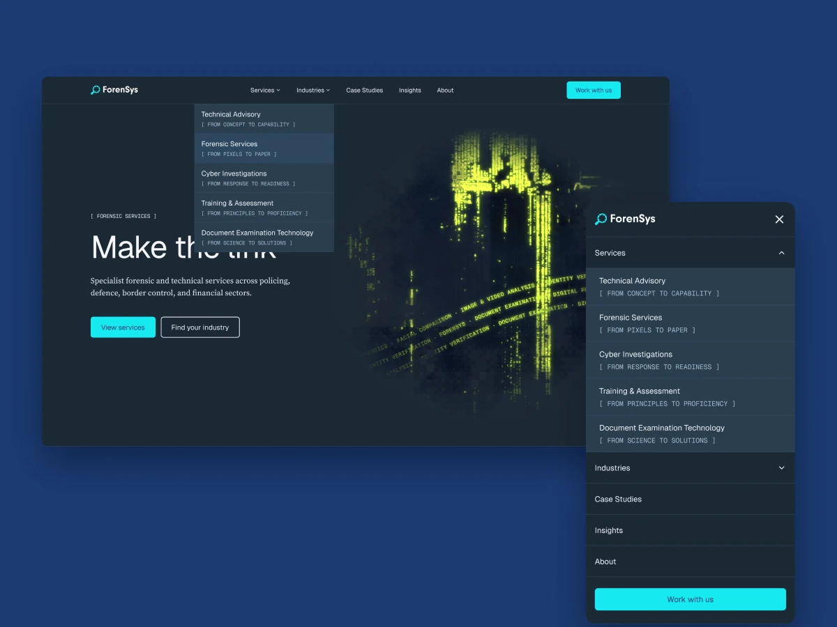 ForenSys desktop dropdown menu and expanded mobile menu