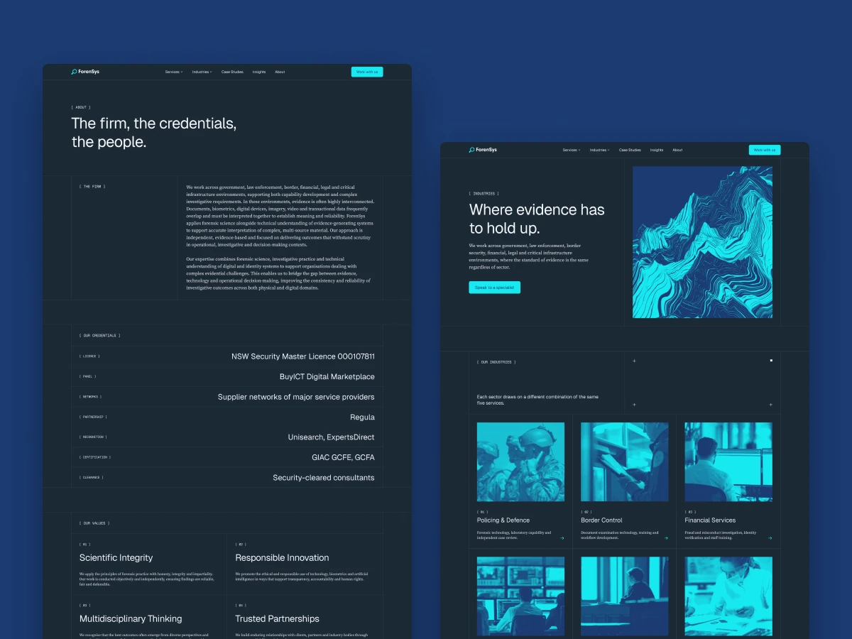 ForenSys About and Industries pages